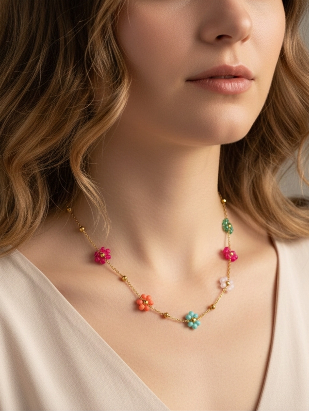 Gold-plated Boho Multicolor Flower‎ Beaded Choker Necklace